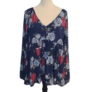 Torrid Stretch Mesh V-Neck Smocked Waist Babydoll Floral Blouse Top Size 2X